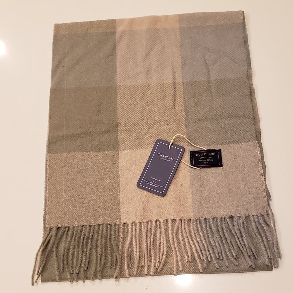 Wool Blend Green and Tan Plaid Winter Scarf - New with Tag